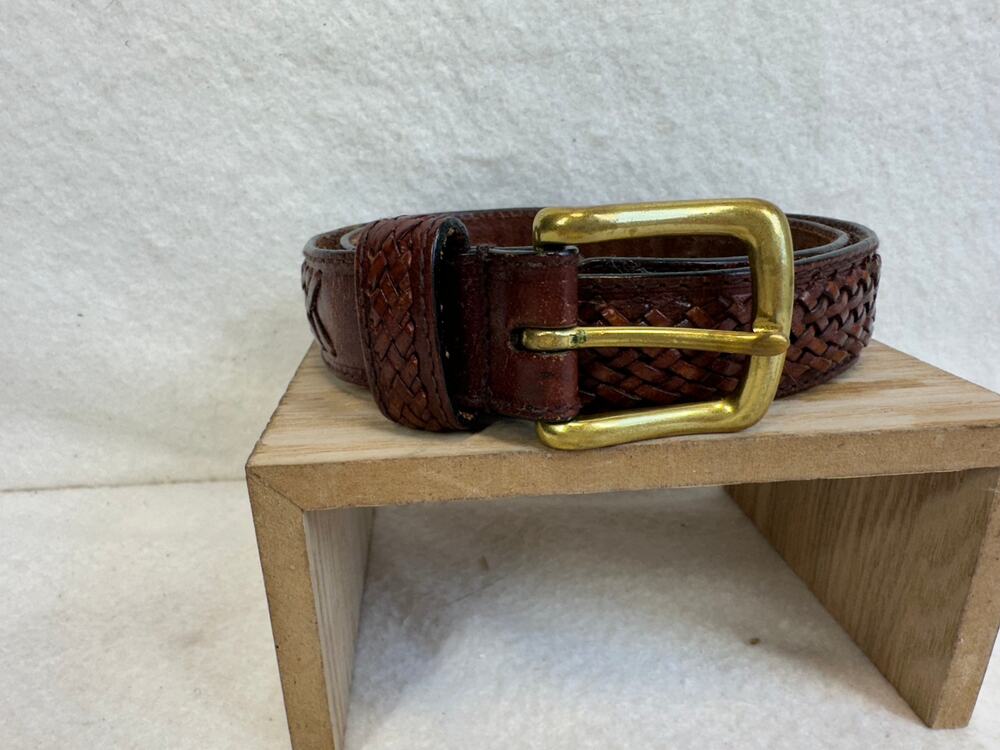 Brown Leather Woven Braided Belt Featuring Polished Brass-Tone Buckle